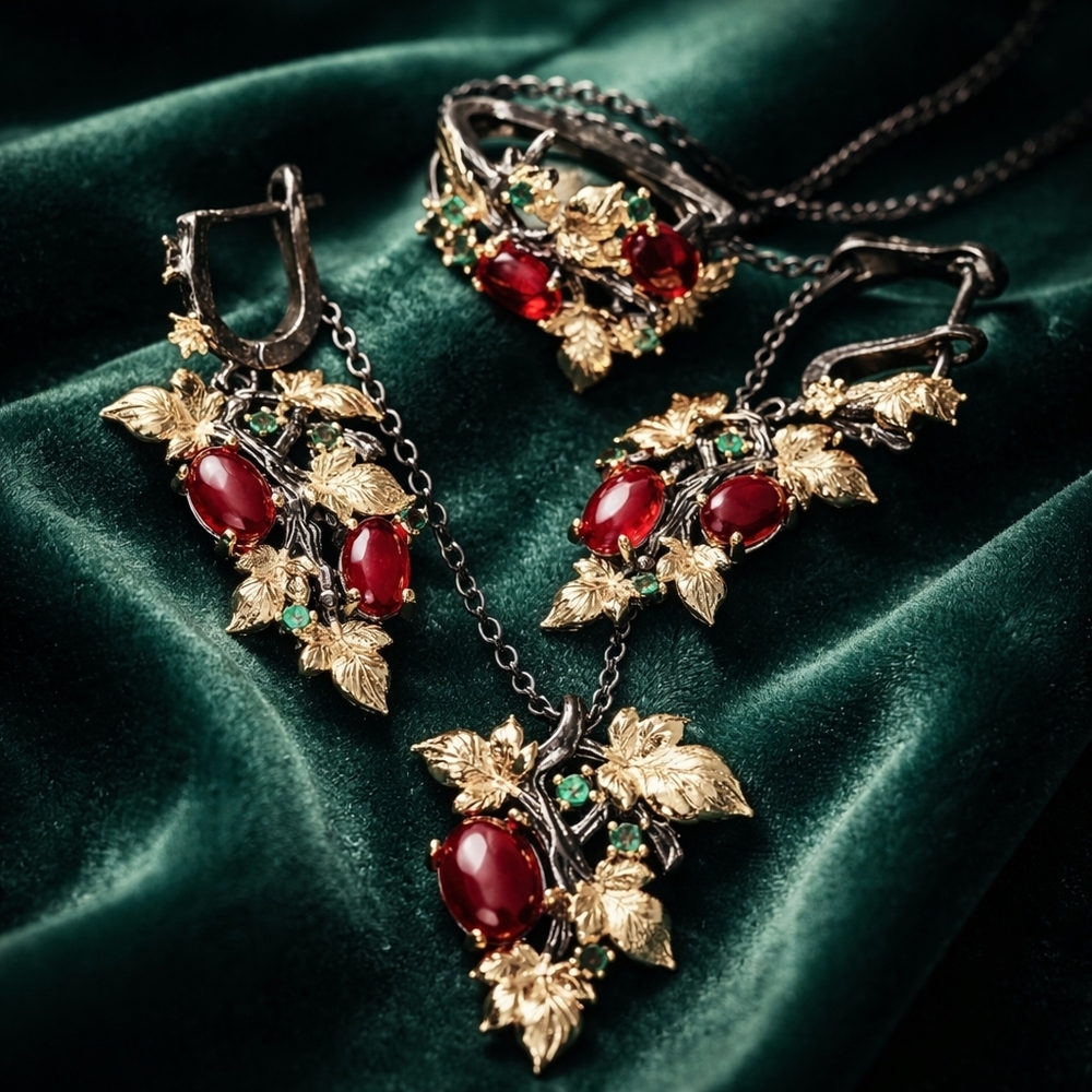 Red Leaf Vine Jewelry Set — Gold & Black Pendant, Earrings, Ring